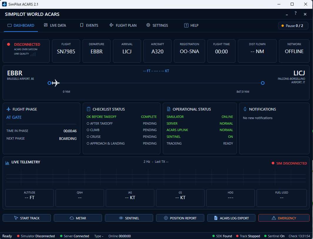 SimPilot ACARS 2.1 operational dashboard