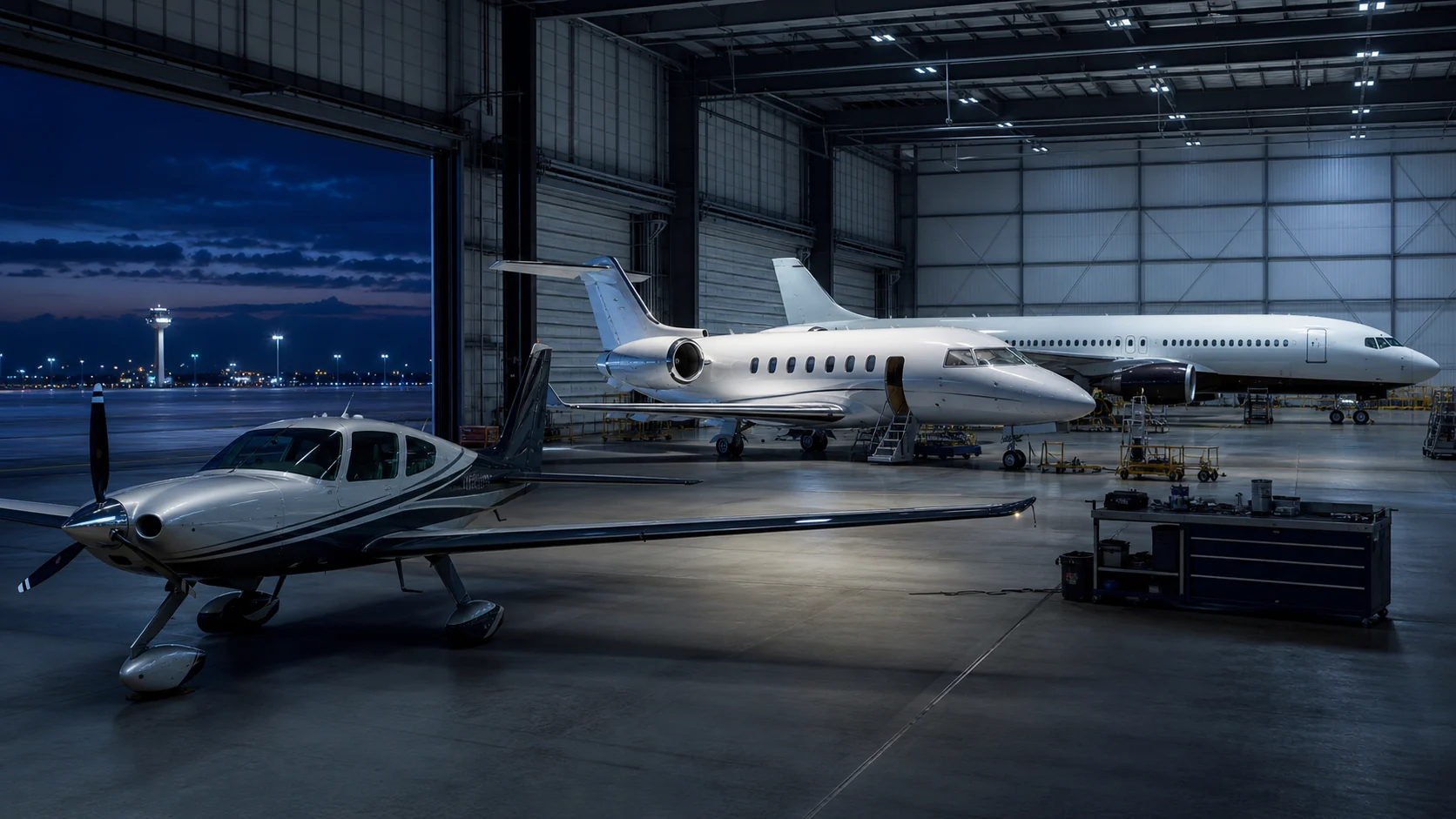 General aviation aircraft, business jet and airliner in a maintenance hangar