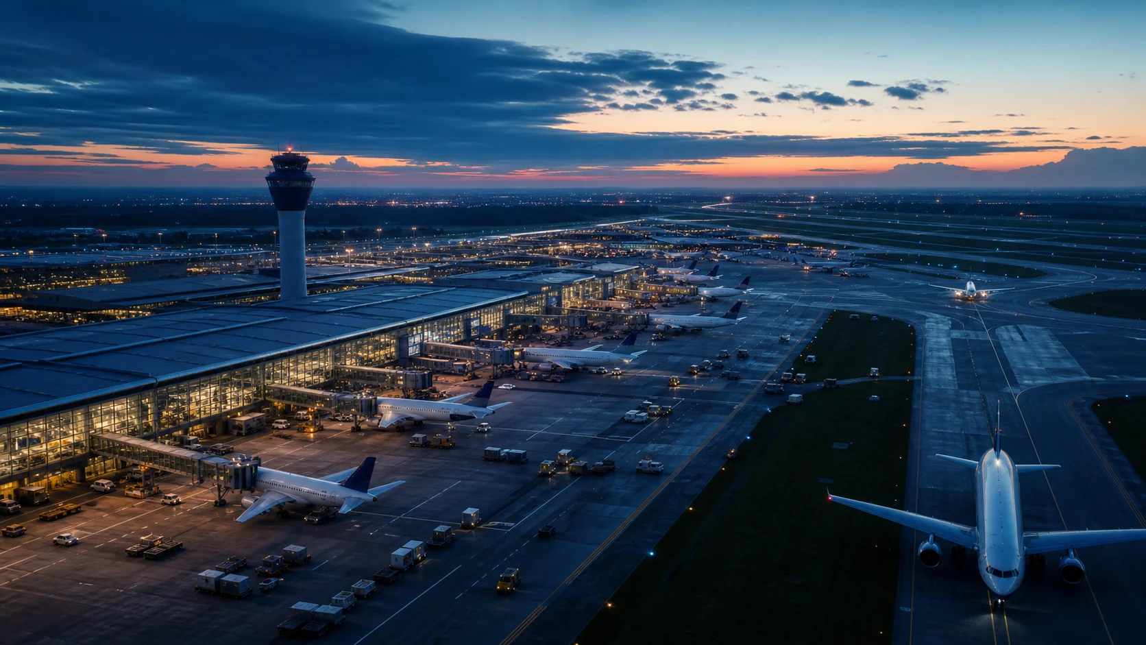 International airport terminal, runways and aircraft operations