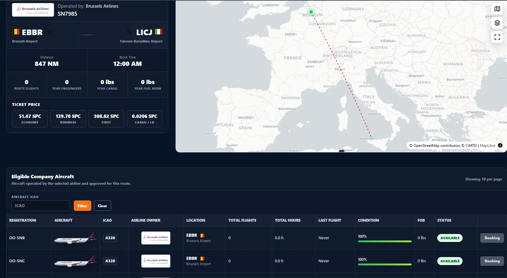 SimPilot World aircraft booking and fleet availability
