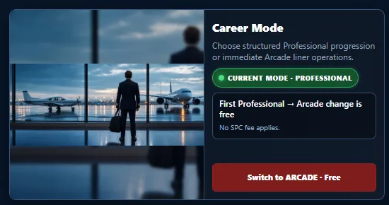 SimPilot World Professional and Arcade career mode selection